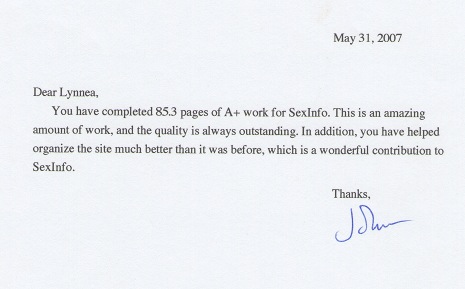 A thank-you letter from the overseer for my contributions to the project.