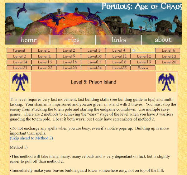 A screenshot from the Populous Age of Chaos Walkthrough, Level 5. Shows links to Home / Tips / Links / About and individual links for each level.