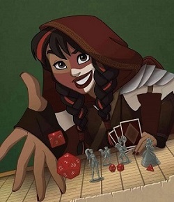 Chicks Dig Gaming cover art. A woman rolling dice for a roleplaying game.