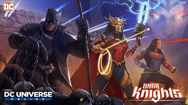 Dark Metal Batman, Wonder Woman, and Superman in the cover art for DC Universe Online.