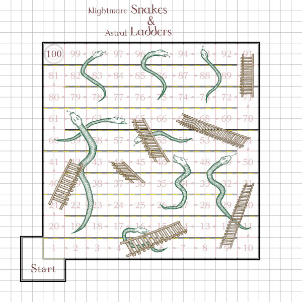 A Snakes and Ladders D&D-style square map drawn in a medieval style.