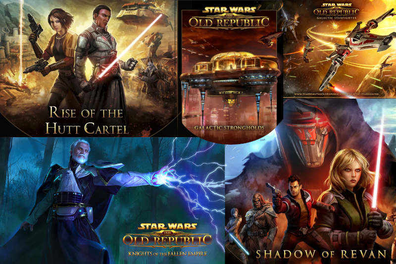 posters for the SWTOR expansions: Rise of the Hutt Cartel, Galactic Starfighter, Galactic Stronghol, Shadow of Revan, Knights of the Fallen Empire.