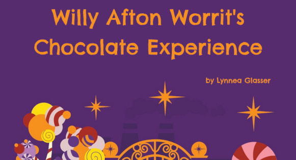 Title image for Willy Afton Worrits Chocolate Experience Feng Shui 2 adventure by Lynnea Glasser. Purple sky over a candy-themed factory. Olivia Sylvia/Shutterstock.com