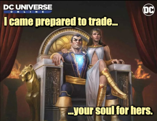 Black Adam and his wife, Isis sit in a throne and face the camera. Black Adam says, 'I came prepared to trade... your soul for hers.'